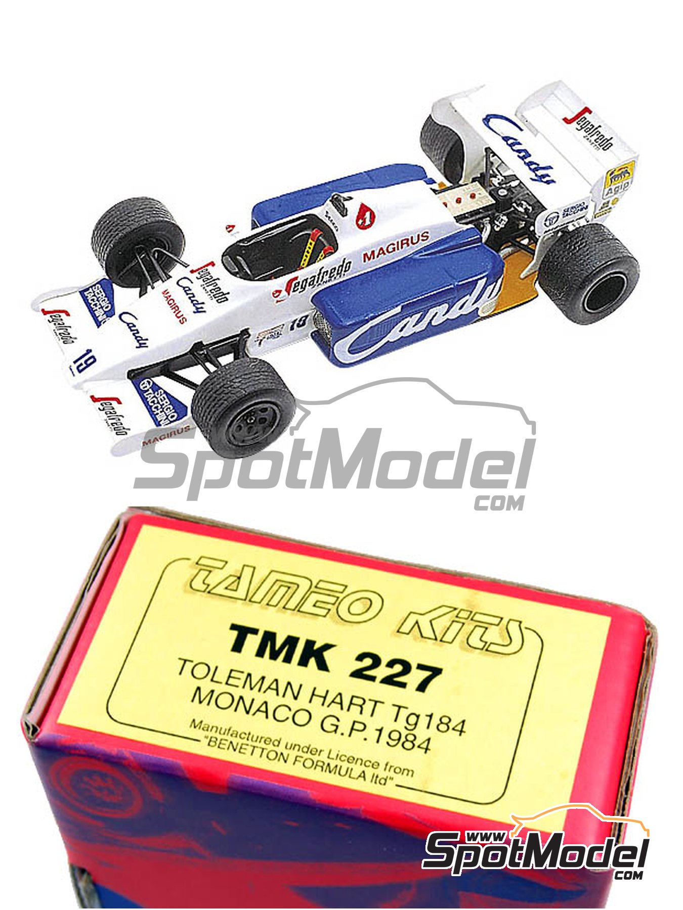 Toleman Hart TG184 Toleman Motorsport Team sponsored by Candy - Monaco  Formula 1 Grand Prix 1984. Car scale model kit in 1/43 scale manufactured  by Ta